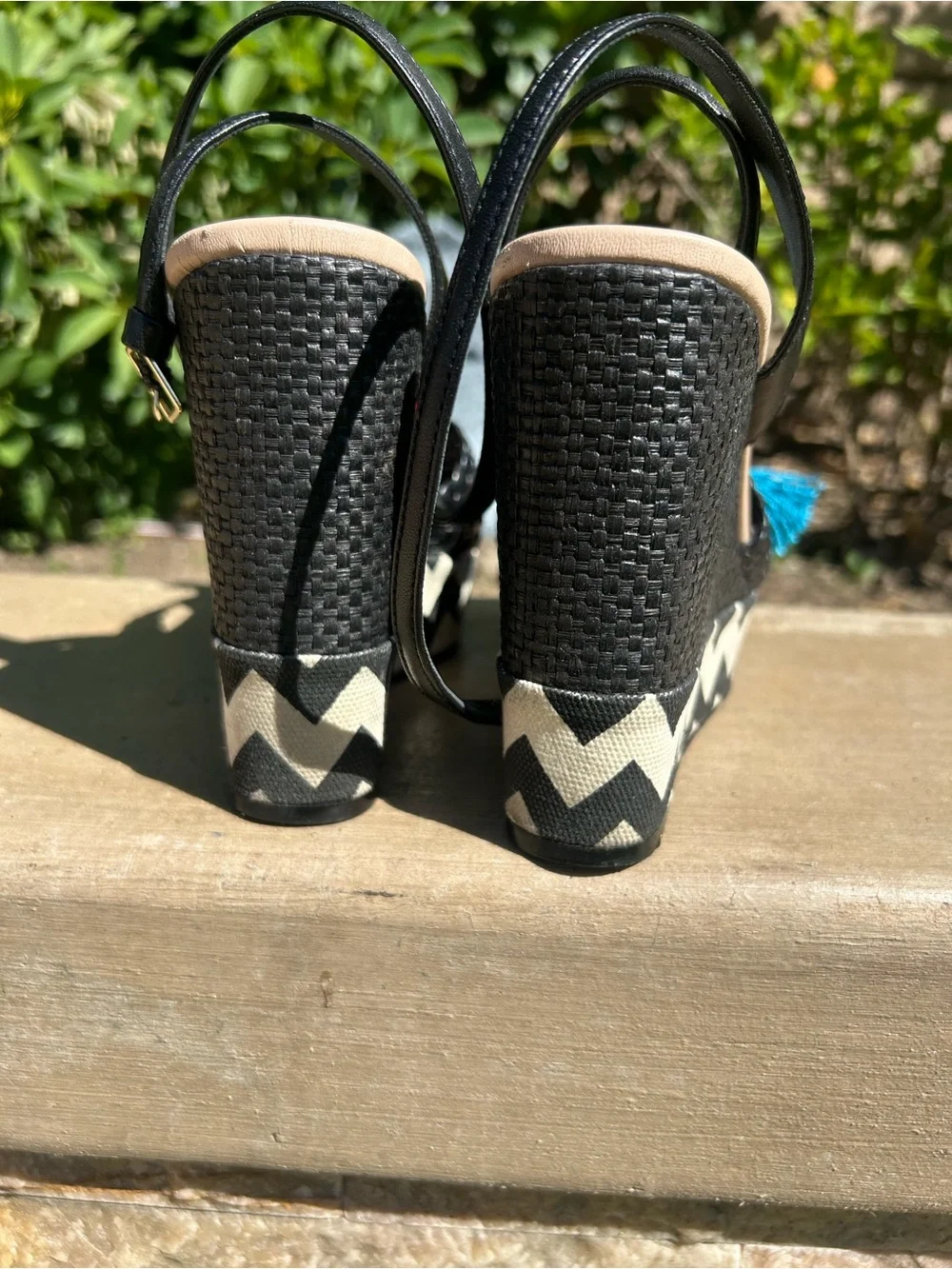 Kate Spade Black Woven Espadrille Wedge Sandals with Multicolor Tassels